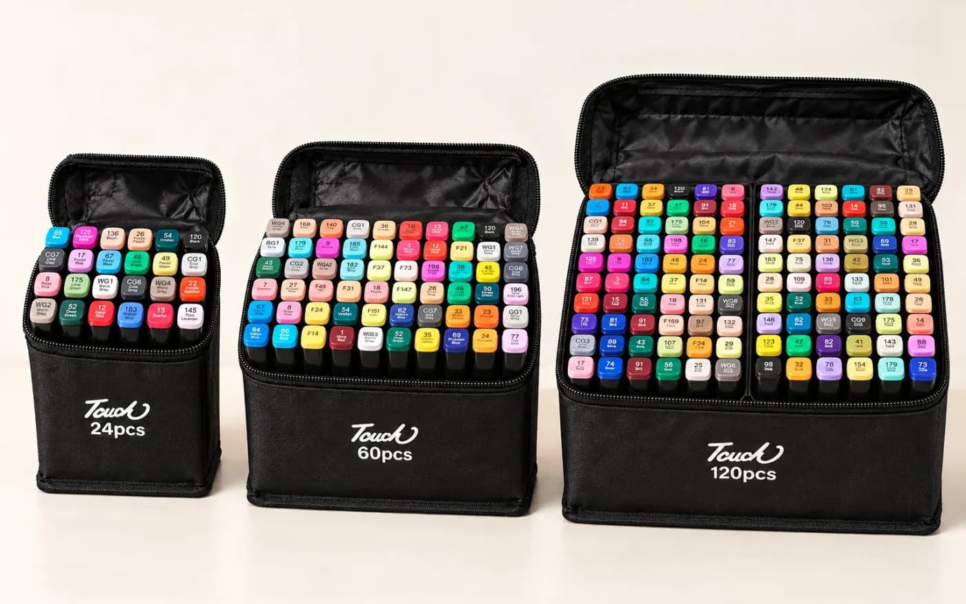 Touch 24, 60 and 120 cases open side by side β see the difference in colours